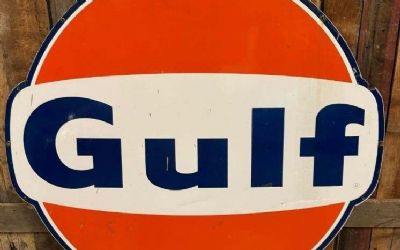 Photo of a Gulf 6FT Porcelain DOG EAR Pole Sign Gulf 6FT Porcelain DOG EAR Pole Sign for sale