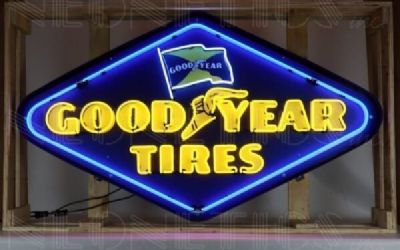 Photo of a Goodyear Tires Diamond Neon Sign In Shaped Steel Can Goodyear Tires Diamond Neon Sign In Shaped Steel Can for sale